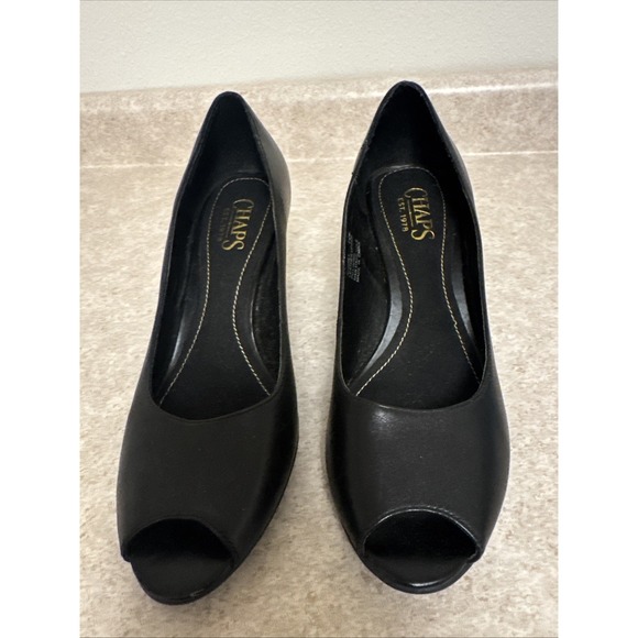 Chaps Black Leather Open Toe Heels Size‎ 7.5 B Classic Dress Shoes - Picture 1 of 7